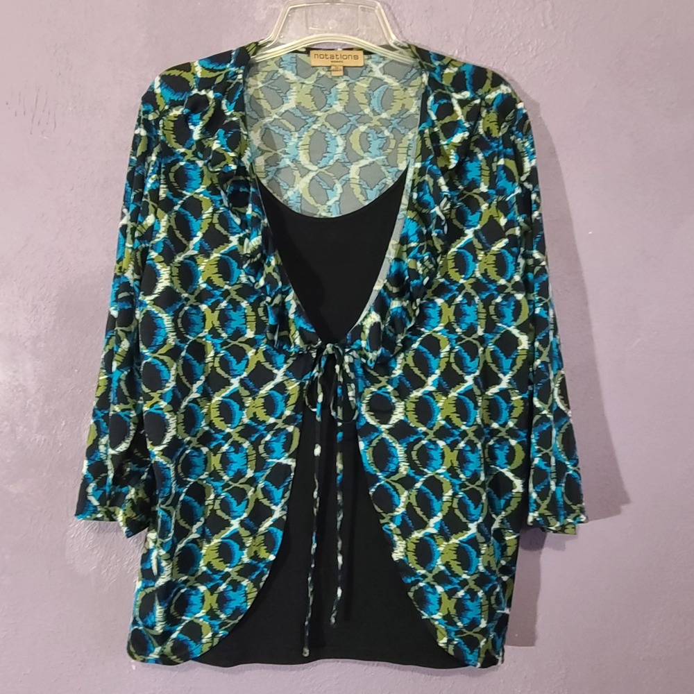 Notations Layered Top Women 1X Blue Green Geometric Ruffle Tie Front WITF0428